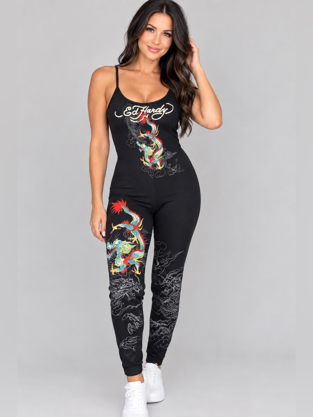 Womens 1X Ed Hardy Dragon Graphic Jumpsuit- Black Y2K Tattoo Streetwear Catsuit
